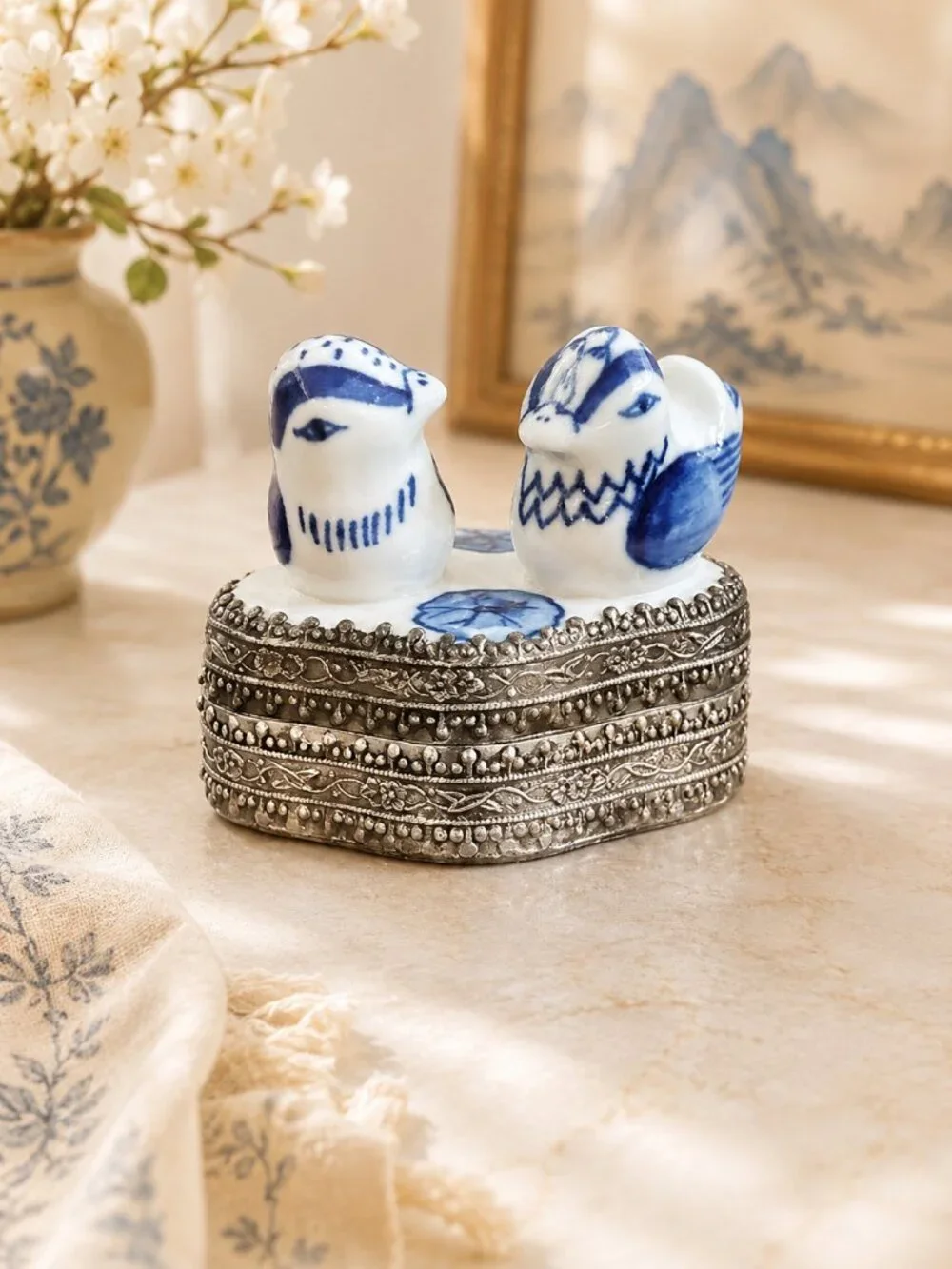 Vintage Blue & White Chinese Silver Plated Trinket Box With Hand-Painted Birds